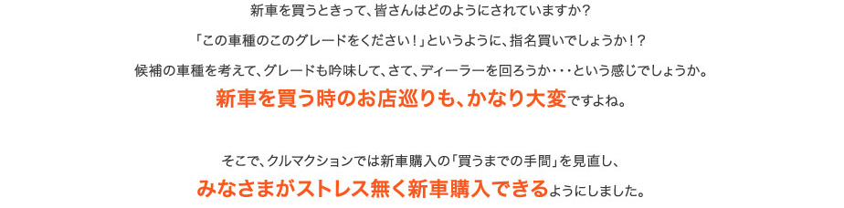 新車を買うときって、皆さんはどのようにされていますか？「この車種のこのグレードをください！」というように、指名買いでしょうか！？候補の車種を考えて、グレードも吟味して、さて、ディーラーを回ろうか・・・という感じでしょうか。新車を買う時のお店巡りも、かなり大変ですよね。そこで、クルマクションでは新車購入の「買うまでの手間」を見直し、みなさまがストレス無く新車購入できるようにしました。